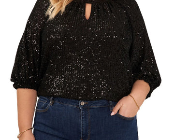 Vince Camuto Plus Size Sequined Dolman-Sleeve Top Black Size 1X MSRP $99