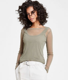DKNY Jeans Women's Long-Sleeve Crewneck Mesh Top Olive Green Size M MSRP $69