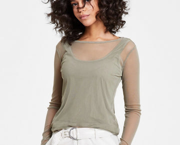 DKNY Jeans Women's Long-Sleeve Crewneck Mesh Top Olive Green Size M MSRP $69