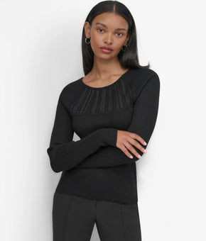 DKNY Women's Ribbed Textured-Bib Long-Sleeve Sweater Black Size XS MSRP $89