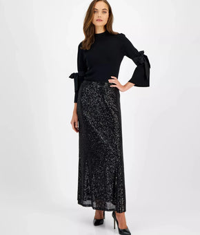 Anne Klein Women's Sequin Flared Maxi Skirt Black Size 2XS MSRP $129