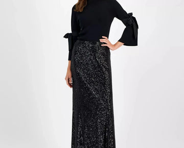 Anne Klein Women's Sequin Flared Maxi Skirt Black Size S MSRP $129