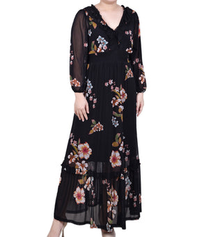 NY Collection Petite Long Sleeve Mesh Maxi Dress Black Size PS