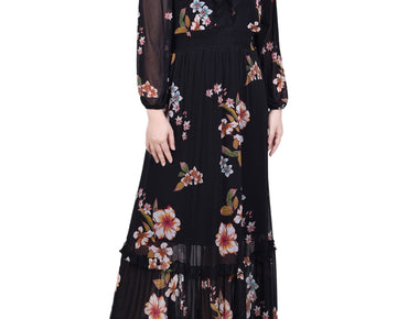 NY Collection Petite Long Sleeve Mesh Maxi Dress Black Size PS