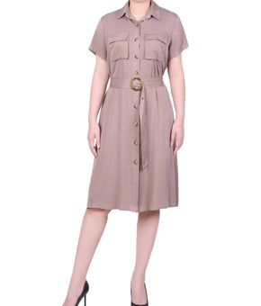 NY Collection Petite Short Sleeve Safari Style Dress Size PXL Brown Portabella