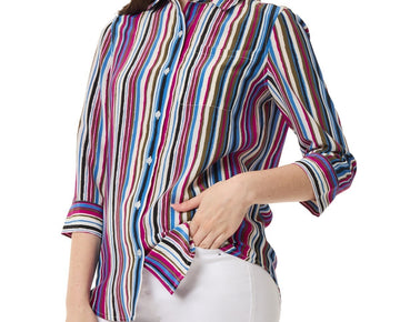 Jones New York Petite Striped 3/4-Sleeve Shirt BLUE GREEN Size PL MSRP $80