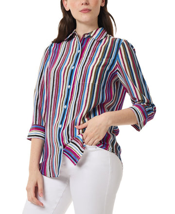 Jones New York Petite Striped 3/4-Sleeve Shirt BLUE GREEN Size PL MSRP $80