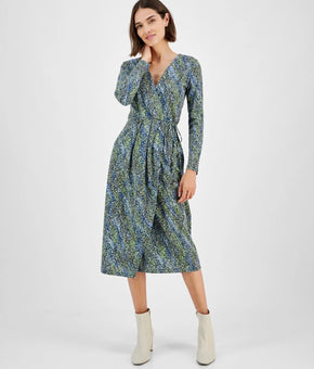 BOSS Orange Women's Printed Long-Sleeve Midi Wrap Dress Blue Green Size L $148