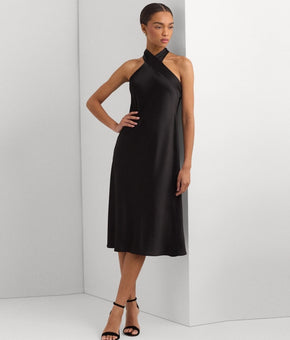Lauren Ralph Lauren Womens Satin Halter A-Line Dress polyester Black Size 4 $265