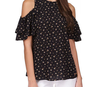 Michael Kors Women's Watercolor Ditsy Cold-Shoulder Top Black Size S