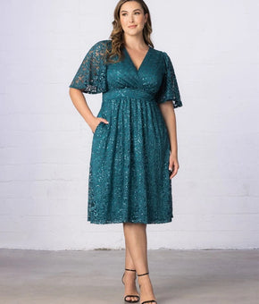 Kiyonna Starry Sequin Lace V-Neck Dress Teal Topaz Blue Plus Size 2X MSRP $188