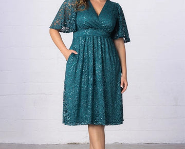 Kiyonna Starry Sequin Lace V-Neck Dress Teal Topaz Blue Plus Size 2X MSRP $188