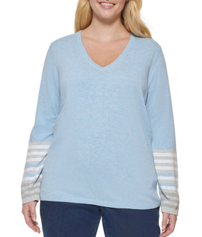 TOMMY HILFIGER Womens Blue Long Sleeve V Neck Sweater Plus Size 3X