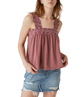 Lucky Brand Lace-Embroidered Square Neck Tank Top Brown Size M MSRP $70