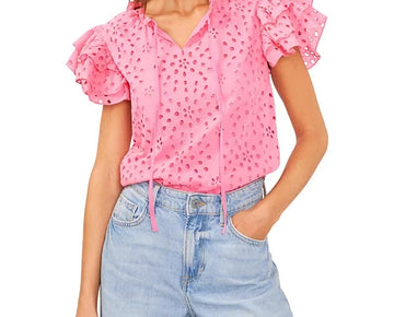 1.STATE Women's Eyelet Embroidered Cotton Flutter-Sleeve Blouse Pink Size S $79