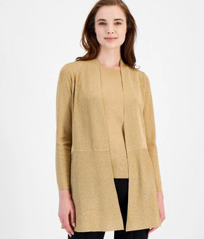 Anne Klein Monterey Open-Front Long-Sleeve Shimmer Cardigan Gold Size XS $109