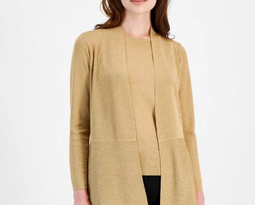 Anne Klein Monterey Open-Front Long-Sleeve Shimmer Cardigan Gold Size XS $109
