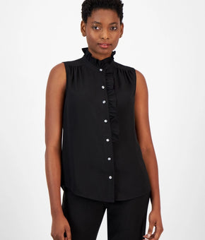 Anne Klein Womens Black Ruffle-Front Sleeveless Button-Front Top Top Size XL $89