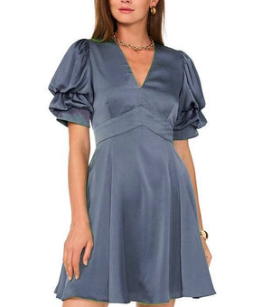 1.STATE Women's Tiered Bubble-Sleeve V-Neck Mini Dress Blue Size M