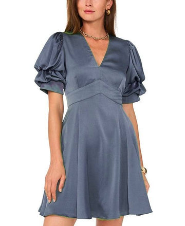 1.STATE Women's Tiered Bubble-Sleeve V-Neck Mini Dress Blue Size M