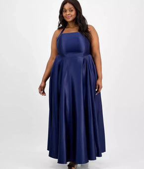 B Darlin Trendy Plus Size 18W Satin Sleeveless Front-Slit Gown Navy Blue $129