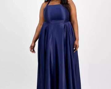 B Darlin Trendy Plus Size 18W Satin Sleeveless Front-Slit Gown Navy Blue $129