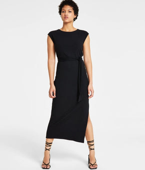 Bar III Petite Ribbed Cap-Sleeve Tie-Waist Midi Dress Black Size PL