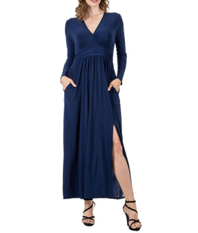 24seven Comfort Apparel Long Sleeve V-neck Side Slit Maxi Dress Size 1X $66