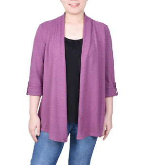 NY Collection Petite 3/4 Sleeve Two in One Top Cardigan Dark Pink Black Size PL