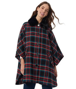 Jones New York Plaid-Print Faux-Fur Collar Poncho Red Black Size L/XL MSRP $150