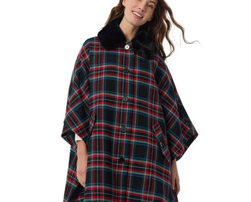 Jones New York Plaid-Print Faux-Fur Collar Poncho Red Black Size L/XL MSRP $150