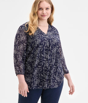 Jones New York Plus Size 1X Kelly Paisley-Print Top V-Neck Dark Blue Navy $80
