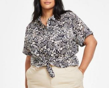 Tommy Hilfiger Plus Size 3X Cotton Cuffed-Sleeve Sky Captain Bright White