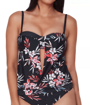 Bar III Women's Floral Print Tankini Top ONLY Swimsuit Black Size S MSRP $54