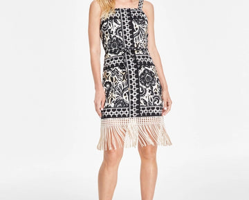 Tahari ASL Women Border-Print Fringe Sheath Dress Black Ivory Size 14 MSRP $149