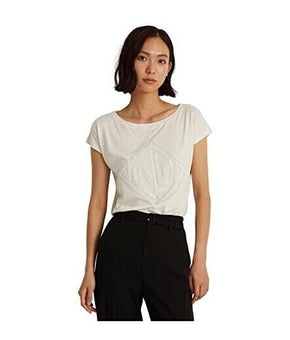 LAUREN Ralph Lauren Petite Sequined Art Deco Cotton-Blend Tee Ivory Size PL $80