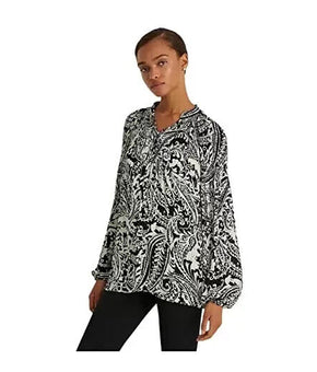 Lauren Ralph Lauren Paisley Pleated Georgette Blouse Black Size S MSRP $135