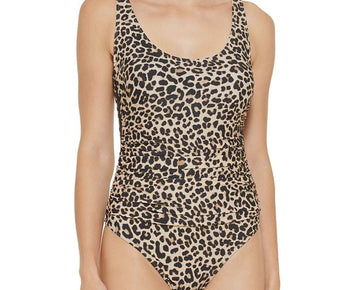 DKNY Women's Animal Print Ruched Contrast One Piece Swimsuit Brown Size 6 Brown