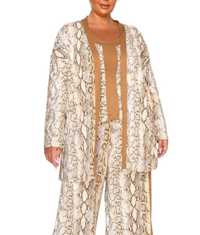 COIN 1804 Plus Size 1X Python Contrast Open front Cardigan Sweater Brown Beige