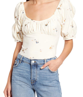FREE PEOPLEPlay Date Floral Print Stretch Cotton Bodysuit Ivory Size S MSRP $58