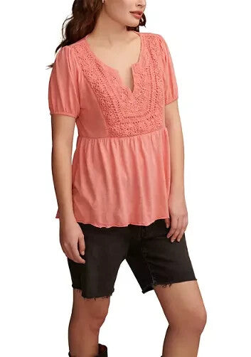 Lucky Brand Short Sleeve Crochet Babydoll Knit Top Pink Size XL MSRP $90