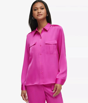 Calvin Klein Womens Long-Sleeve Button-Fro Shocking Pink Size S MSRP $80