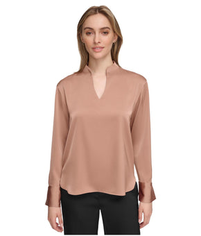 Calvin Klein Womens Satin Long Sleeve V Neck Pullover Blouse Dark Beige, Size XL