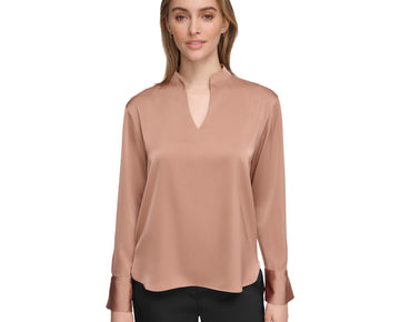 Calvin Klein Womens Satin Long Sleeve V Neck Pullover Blouse Dark Beige, Size XL