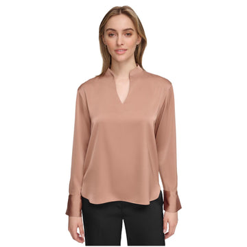 Calvin Klein Womens Satin Long Sleeve V Neck Pullover Blouse Dark Beige, Size XL