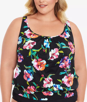 SWIM SOLUTIONS Plus Size Study Shirred Neck Underwire Tankini Top Black 16W $79