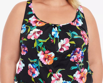 SWIM SOLUTIONS Plus Size Study Shirred Neck Underwire Tankini Top Black 16W $79