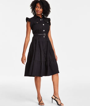 Tahari ASL Women's Snap-Front Tiered Midi Dress Black Size 2 MSRP $159