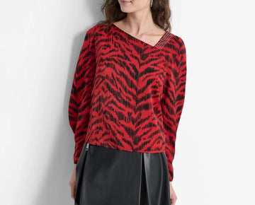 DKNY Women's Printed Asymmetric-Neck Long-Sleeve Blouse Red Size S MSRP $89