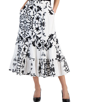 T Tahari Women's Printed Pull-On Tiered Midi Skirt WHITE Size XL MSRP $118